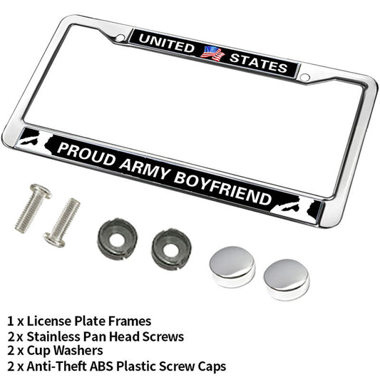 PROUD ARMY BOYFRIEND 2-Holes Stainless License Plate Frame,PROUD US ARMY Polish White Stainless Steel License Plate Frame with Screws Caps Sets