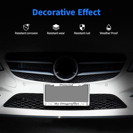 Protected by Dragonfly License Plate Frame for Religious People Dragonfly Lover License Plate Frame Metal Dragonfly Christian Faith Scratch-Resistant License Plate Frame with Chrome Screw Caps